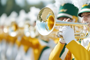Trumpet Serenade: A close-up view captures a musician absorbed in their craft, playing a gleaming trumpet within a marching band ensemble.
