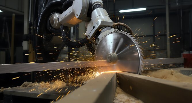 An industrial robotic arm uses a circular saw to cut through a metal beam, sending sparks flying in a workshop. - Powered by Adobe