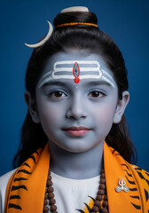 Child Shiva (Bal Shiva) portrait with tripuṇḍra, crescent moon hairpin, rudraksha beads, saffron tiger stripe scarf, and blue backdrop in high key studio lighting