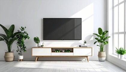 Modern minimalist living room with a wall-mounted TV, sleek media console, and green plants. Bright, contemporary interior for home entertainment and tranquil space