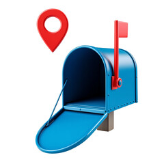 Blue mailbox with open lid and red flag isolated on a transparent background