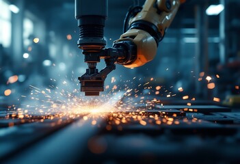 Industrial robot arm welding metal with sparks in a factory setting.