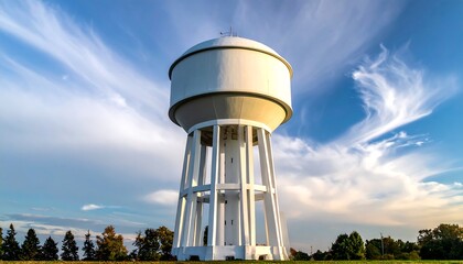 A tall, white elevated water storage tank against a backdrop of a vast, cloudy blue sky over a grassy field