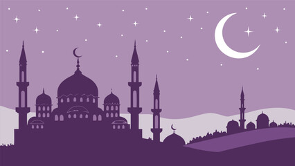 Purple-toned illustration of a peaceful desert night with mosques, crescent moon, stars, palm trees, and rolling hills evoking spiritual calm and Islamic cultural themes.