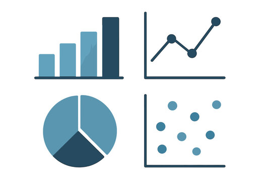 Essential business and financial data visualization graphs and charts in blue