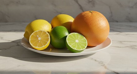 Fresh lemons and limes on marble table — citrus fruit photography for healthy food, freshness, and kitchen concept