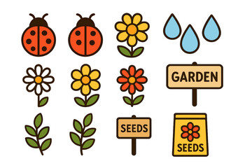 Colorful gardening elements set featuring ladybugs, flowers, leaves, water drops, and seed signs