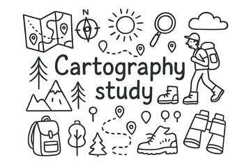 Cartography Study Elements. Cartography study. Hand-drawn doodle illustration of Cartography study. Map,