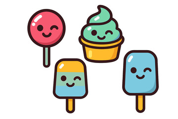 Adorable cartoon frozen treats set featuring ice cream, popsicles, and a lollipop with happy winking faces