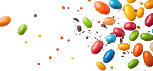 Colorful candy beans and chocolate pieces floating with transparent background