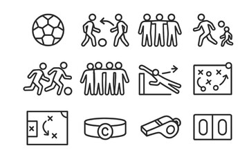 Soccer Teamwork Icons. Soccer teamwork. Line outline icon set of Soccer teamwork: soccer ball, give-and-go