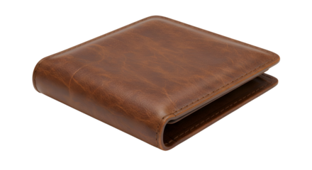 Classic closed bifold brown leather men's wallet accessory for finance and retail display isolated PNG with Transparent Background