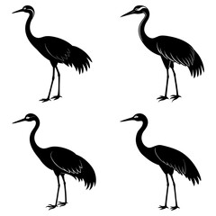 Four black silhouette images of cranes standing in various poses on a white background in a pattern
