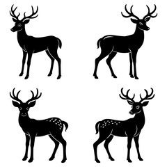 Four black silhouette deer with antlers in various poses on a white background in a vector illustration