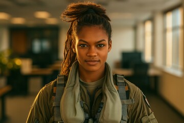 Closeup of a determined woman with dark hair pulled back, wearing a militarystyle uniform in a blurred office setting, showcasing strength and professionalism in a modern workplace environment
