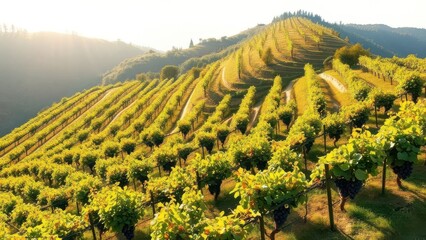 Vineyard terraces on mountain slopes, shining under a soft autumn sun, each vine bursting with full ripe grapes ready for harvest. Generative AI