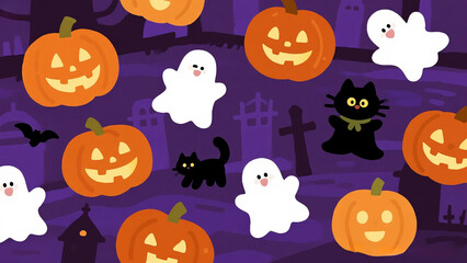 Obraz premium A seamless pattern with cute cartoon glowing pumpkin outlines and friendly ghost shapes on a blurred purple graveyard background.