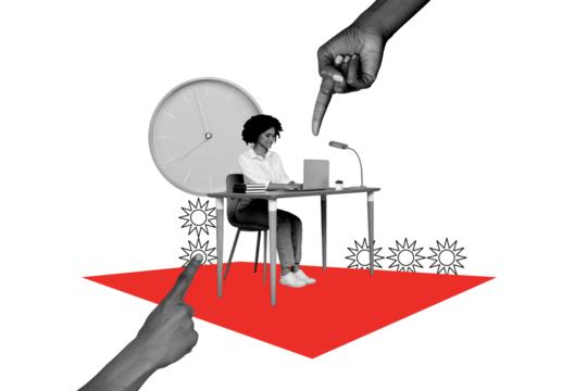 Composite photo collage of happy american girl businesswoman sit office workspace type laptop device time isolated on painted background