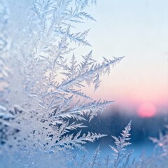 Obraz premium Macro of frost crystals and ice patterns on a window pane at sunrise. Space for text.