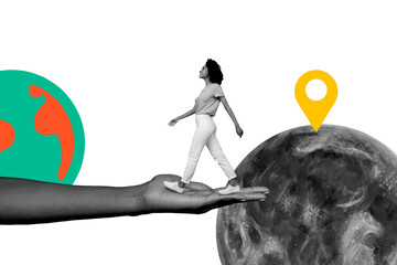 Composite photo collage of happy american girl walk human palm moon relocation earth geometric travel isolated on painted background