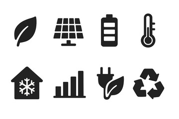 Energy Efficiency Icons. Energy efficiency. Filled icon set of Energy efficiency: leaf, solar panel, battery,