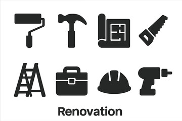 Renovation Tools Icons. Renovation. Filled icon set of Renovation: paint roller, hammer, blueprint, saw,
