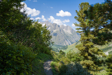 This landscape photo was taken in Europe, France, Aosta Valley, in summer. It shows the path in the...
