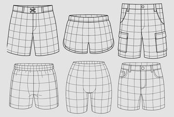 Wireframe Shorts Vector Illustration — Digital 3D Blueprint Collection of Summer Apparel in Technical Minimal Fashion CAD Style