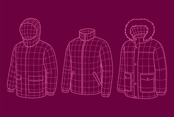 Pink Wireframe Winter Jackets and Coats with Fur Hoods on Maroon Background