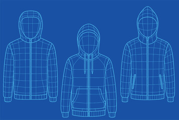 Wireframe Pullover and Sweatshirt Vector Collection — Technical Digital Fashion Blueprint of Casual Streetwear in Minimal 3D Line Style