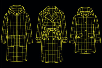 Long Blue Coat Wireframe Fashion Blueprint — Elegant Outerwear Digital CAD Design for Futuristic Apparel Visualization and 3D Modeling