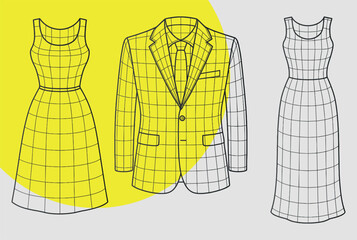 3D Grid Wireframe Dress and Suit on Yellow Background