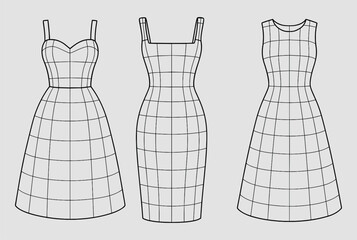 3D Wireframe Dresses Set on Gray Background