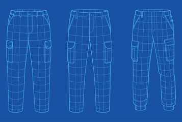 Detailed Wireframe Cargo Pants Collection — 3D Fashion Blueprint Set of Modern Utility Trousers in Technical Digital Line Art Style