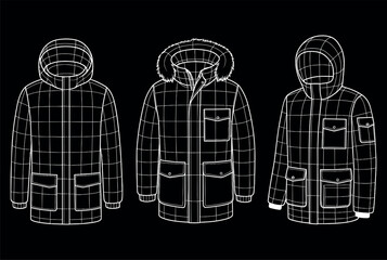 White Wireframe Parkas and Winter Jackets with Pockets on Black Background