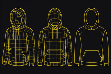 Wireframe Pullover and Sweatshirt Vector Collection — Technical Digital Fashion Blueprint of Casual Streetwear in Minimal 3D Line Style
