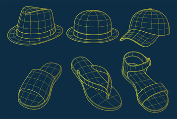 3D Wireframe Hats and Footwear Vector Set