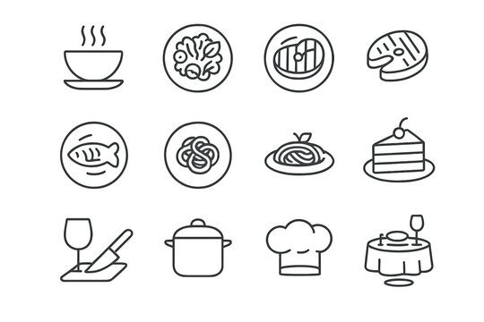 Dinner Party Icons. Preparing a three-course meal for a dinner party. Line outline icon set of Preparing a
