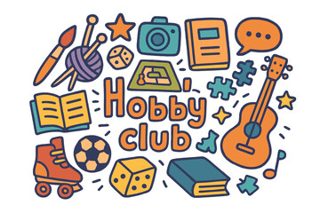 Hobby Club Doodles. Hobby club. Hand-drawn doodle illustration of Hobby club. Paintbrush, knitting needles,