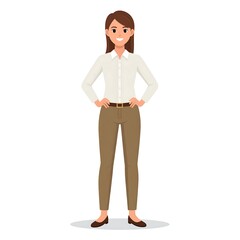 Fototapeta premium Cartoon woman in professional attire, arms at hips, smiling confidently, plain background