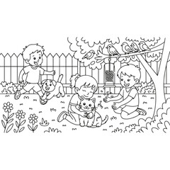 Children Playing with Animals in the Garden Black and White Outline