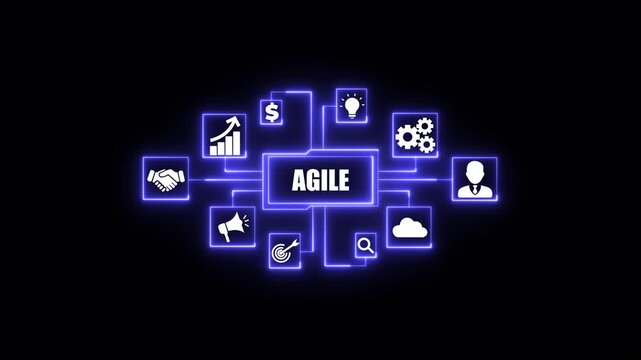 Agile business strategy icons network diagram glowing  neon on black background for project. Business, Technology, Internet and network concept.