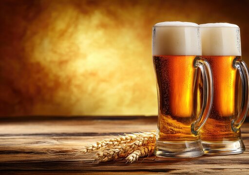 Two tall glasses of beer with frothy foam and wheat on rustic wooden table, ideal for Oktoberfest posters, brewery advertisements, and bar or restaurant menu designs