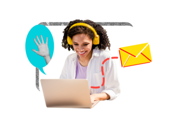 Composite photo collage of happy american girl type laptop text box wave hand message letter listen music isolated on painted background