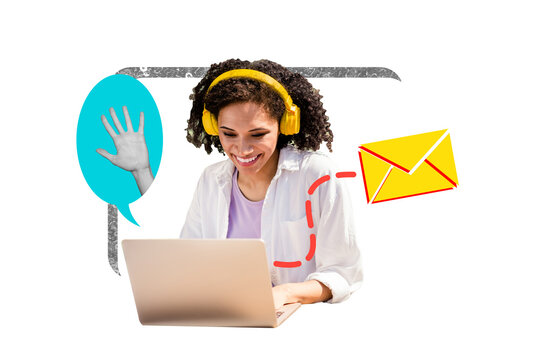 Composite photo collage of happy american girl type laptop text box wave hand message letter listen music isolated on painted background - Powered by Adobe