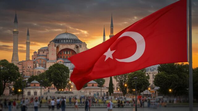 Historic Hagia Sophia at sunset framed by a waving Turkish flag.