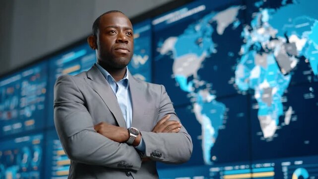Global Command: An astute professional, arms crossed, exudes confidence against a backdrop of dynamic world maps and real-time data visualizations, embodying leadership and strategic insight.