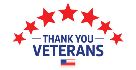 thank you veterans tribute banner with american flag, red stars, bold blue text, patriotic design for usa military appreciation event