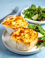 Baked savory dish served with fresh greens and lemon slice