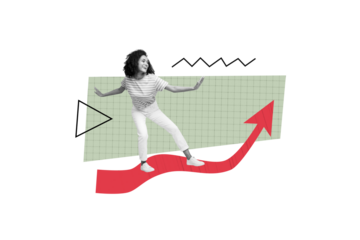 Composite photo collage of happy american businesswoman surf arrow statistics success growth progress isolated on painted background